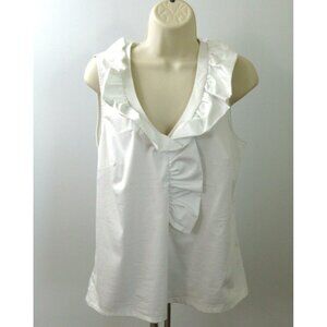 Ann Taylor Top Size 10 White Sleeveless Career Blouse Cute Ruffled Neckline!!